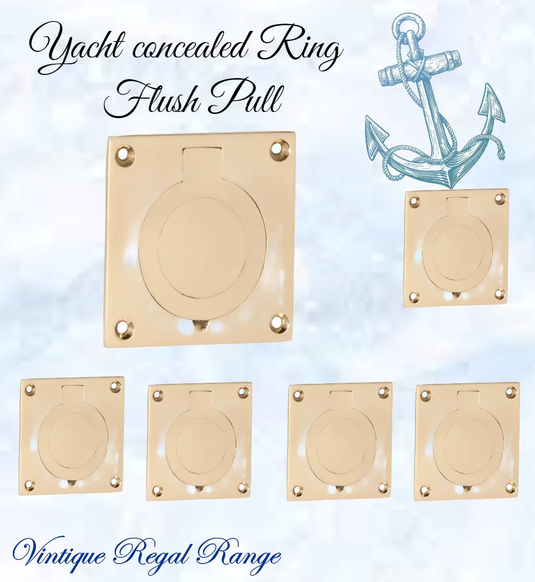 Yacht Polished Brass Ring Flush Pull door handle 63mm x 63mm - Vintique Concepts