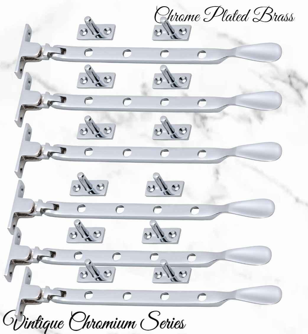 Chrome plated Brass window stay 200mm with 4 holes-Base Fixed - Vintique Concepts