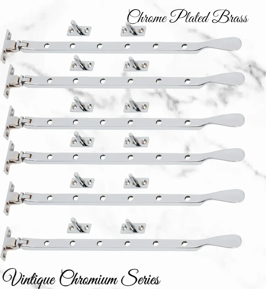 Chrome plated Brass window stay 300mm with 6 holes-Base Fixed - Vintique Concepts