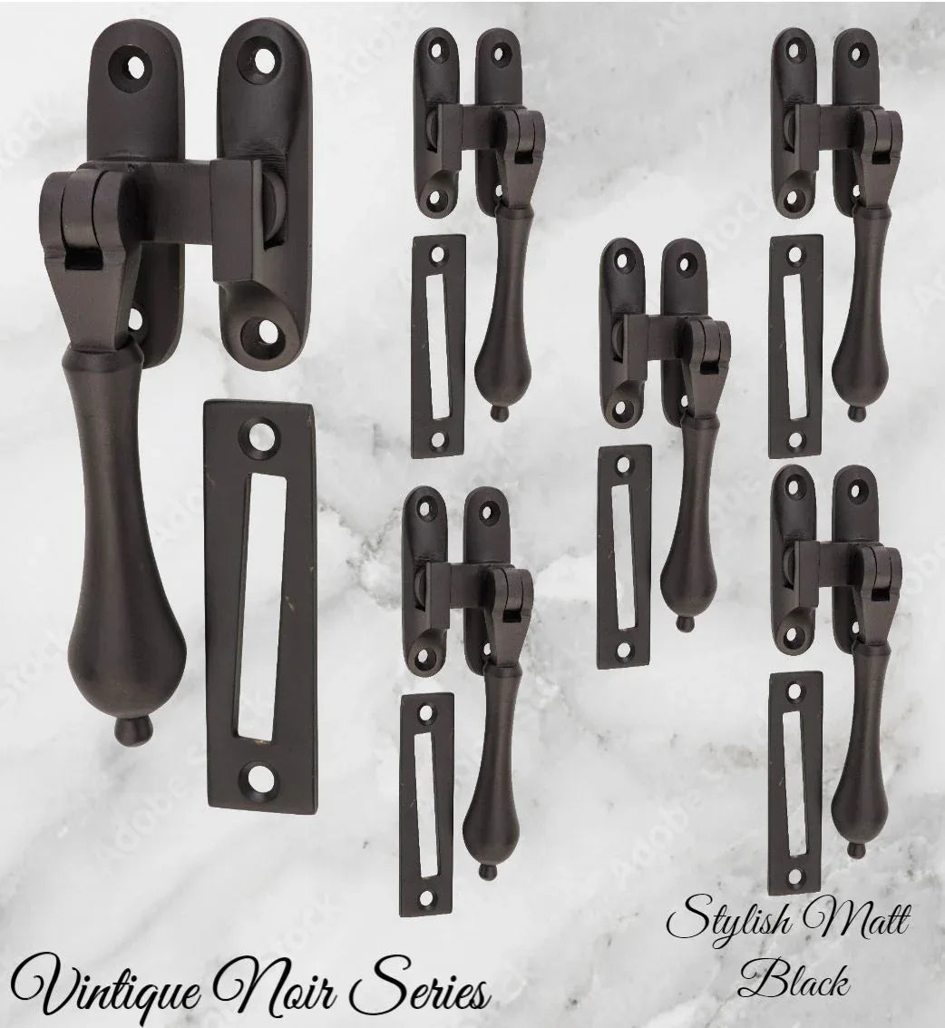 Noir series Black brass teardrop window fastener 40 x 95mm - Vintique Concepts