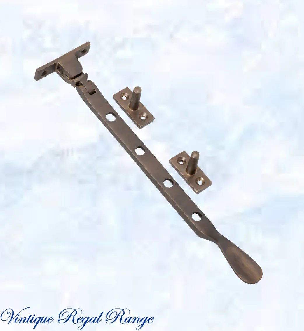 Antiqued Brass window stay 200mm with 4 holes-Base Fixed - Vintique Concepts
