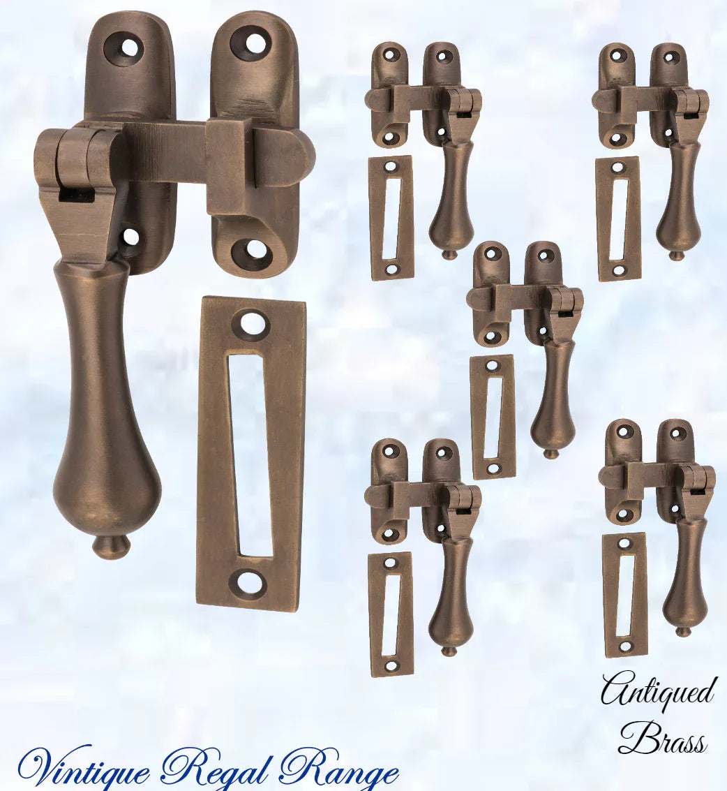 Antiqued brass teardrop window fastener 50 x 95mm Long reach - Vintique Concepts