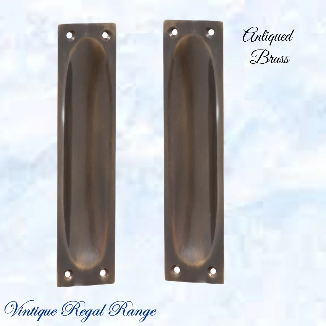 Classico Antiqued Brass Flush Pull door handle 140mm x 32mm - Vintique Concepts