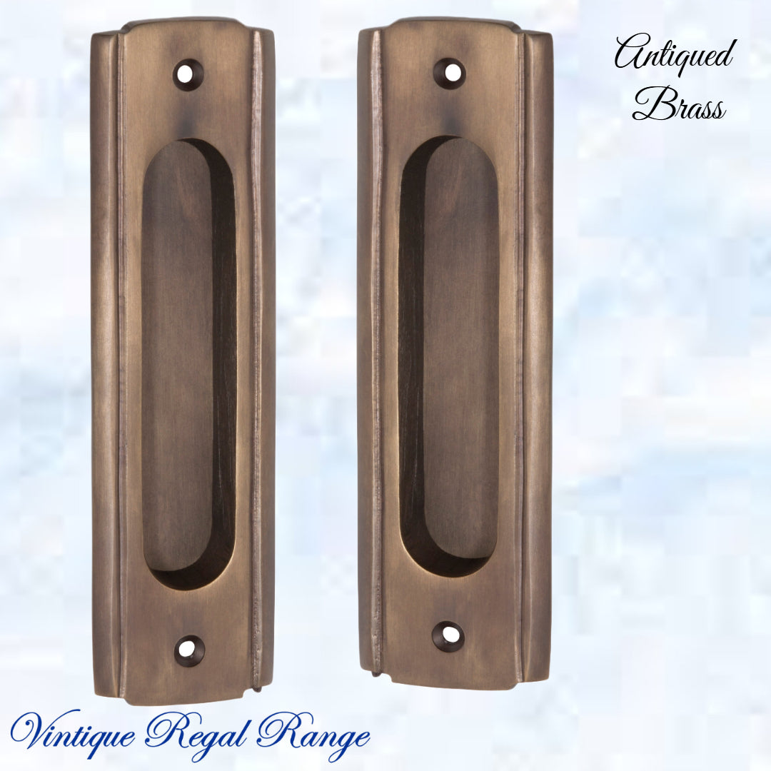 Art Deco Antiqued Brass Flush Pull door handle 150mm x 43mm-Vintique Concepts
