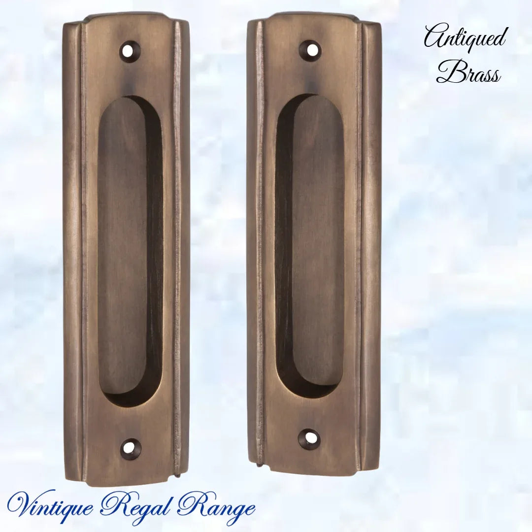 Art Deco Antiqued Brass Flush Pull door handle 150mm x 43mm - Vintique Concepts