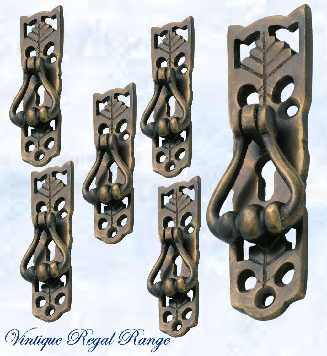 Regal 3 Ball Drop Ring Antiqued Brass Drawer handle - Vintique Concepts