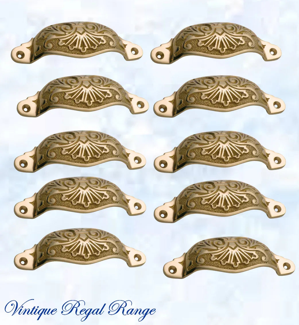 Regal Polished Brass Victoria's Ornate Cup Drawer pull 110mm Long - Vintique Concepts
