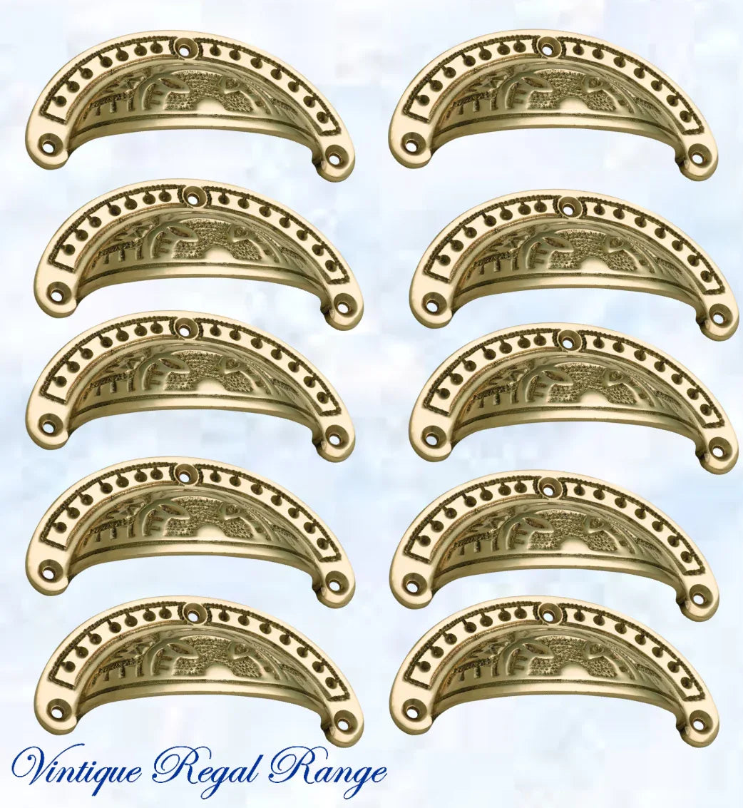 Regal Polished Brass Victoria's Ornate teardrop Cup Drawer pull 100mm Long - Vintique Concepts