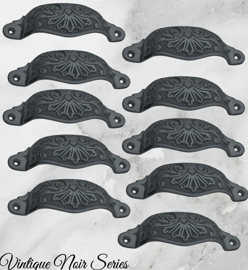 Rustic Black Iron Victoria's Ornate Cup Drawer pull 110mm Long - Vintique Concepts