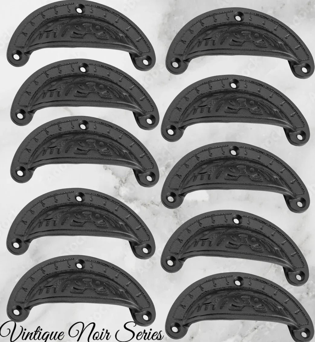 Rustic Black Iron Teardrop Victoria's Ornate Cup Drawer pull 100mm long - Vintique Concepts