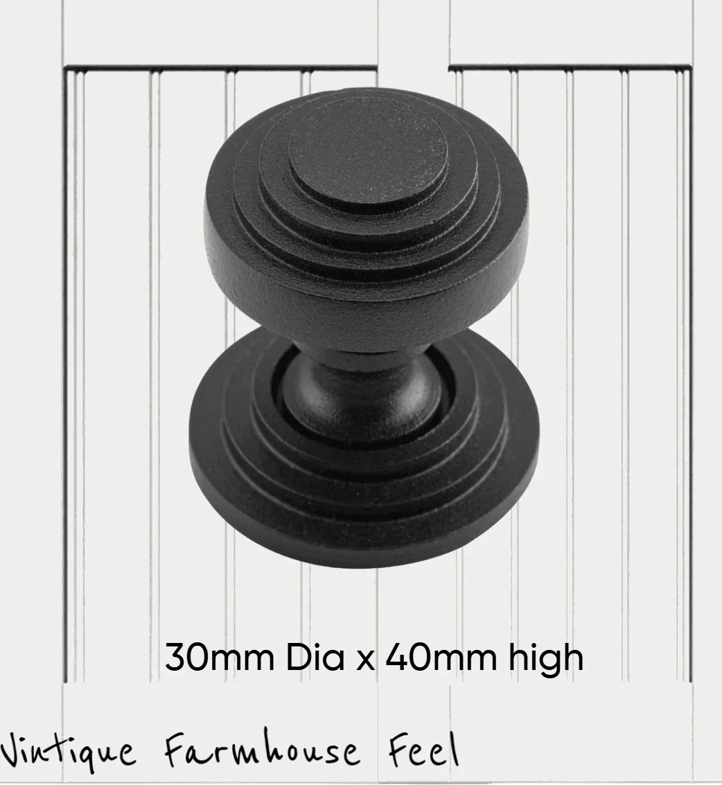 Farmhouse Satin Black Iron Circle Steps Knob with backplate - Vintique Concepts