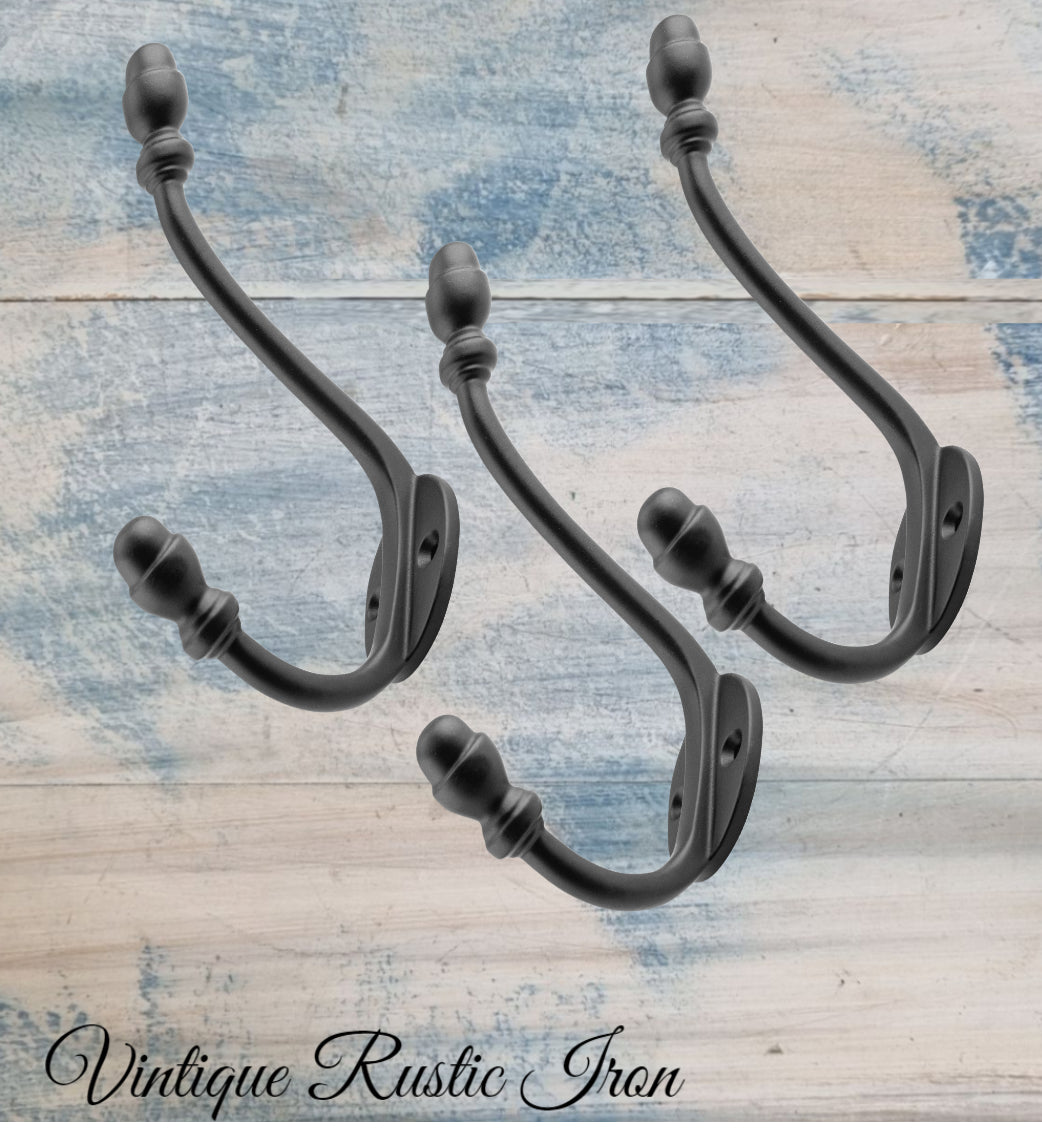Iron ACORN double prong Coat hook 150mm long-Vintique Concepts