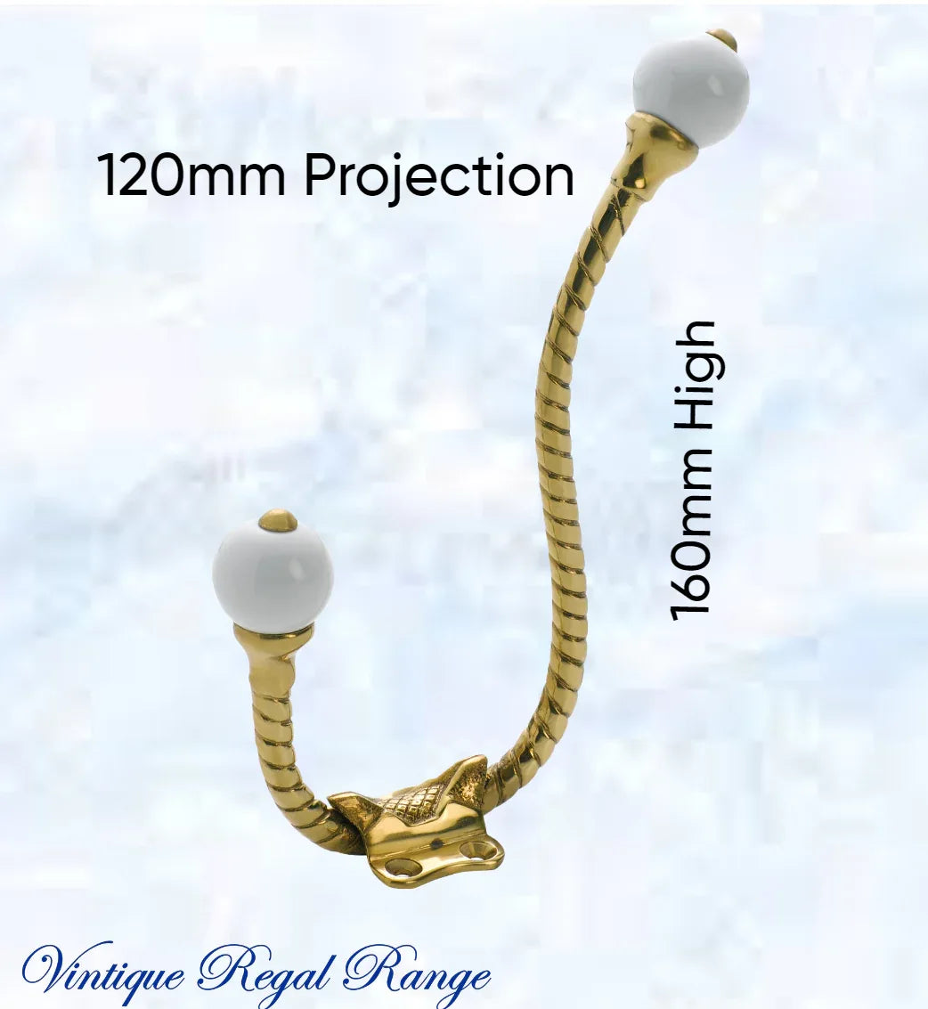 Polished Brass Rope Coat & Hat Hook w/- Porcelian tip 160mm high - Vintique Concepts