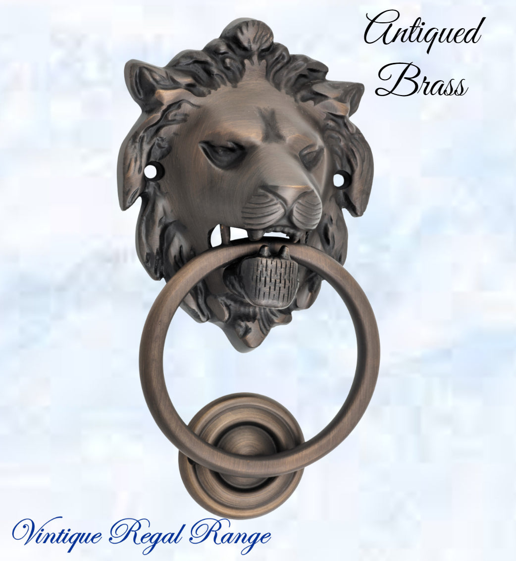 Antiqued Brass Lion Head door Knocker 100mm ring-Vintique Concepts