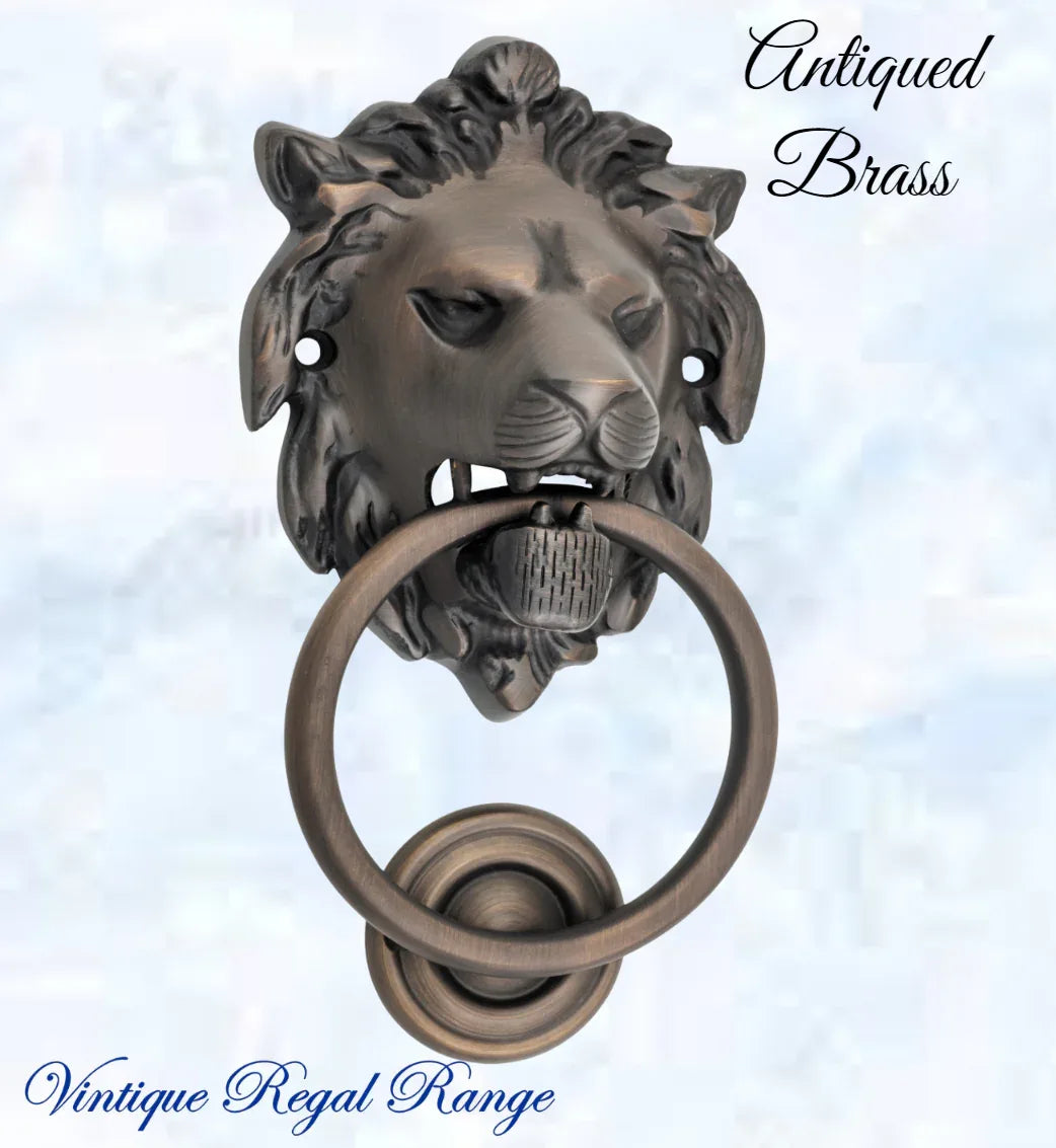 Antiqued Brass Lion Head door Knocker 100mm ring - Vintique Concepts