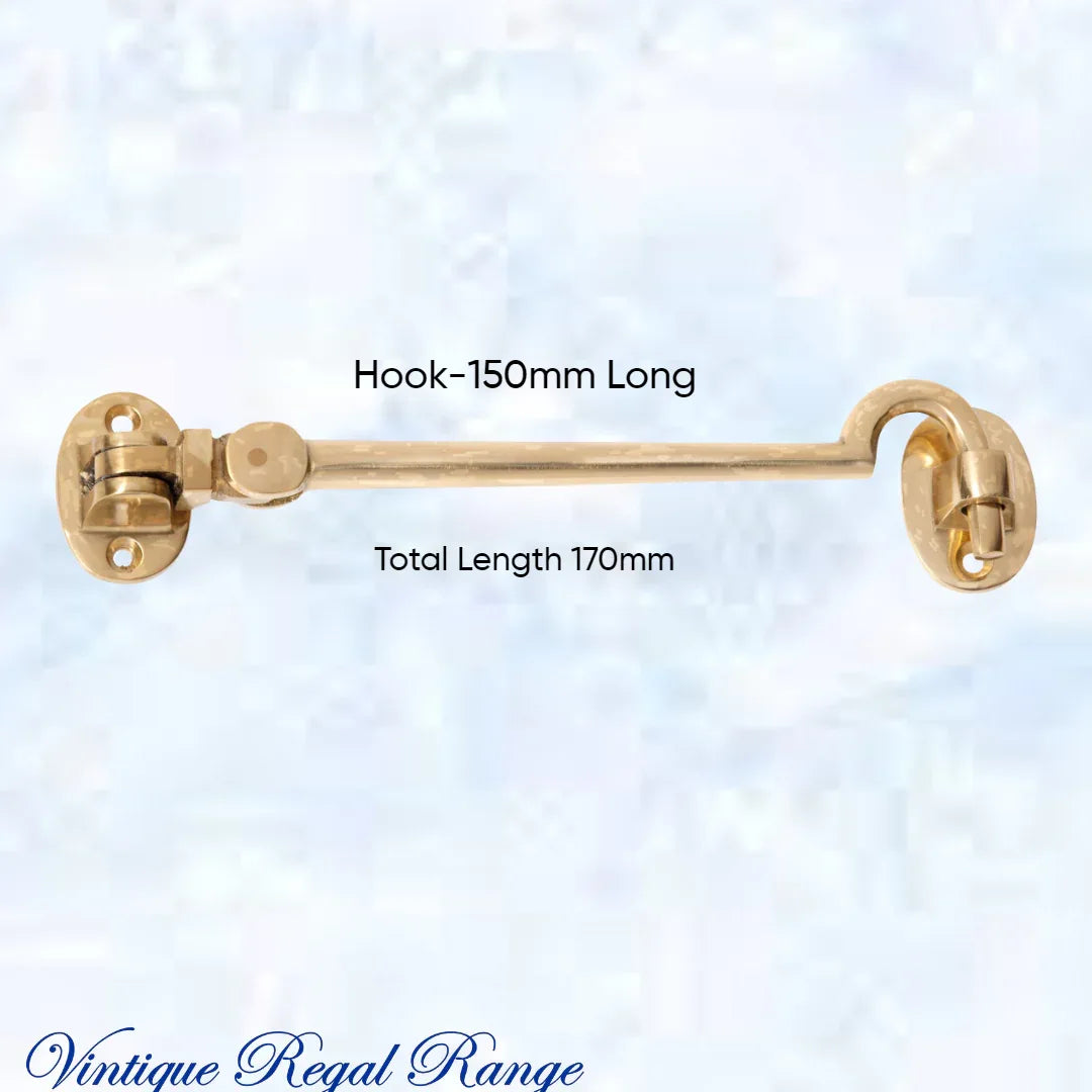 Polished Brass Cabin Hook 170mm Long - 150mm Hook for Doors and Gates - Vintique Concepts