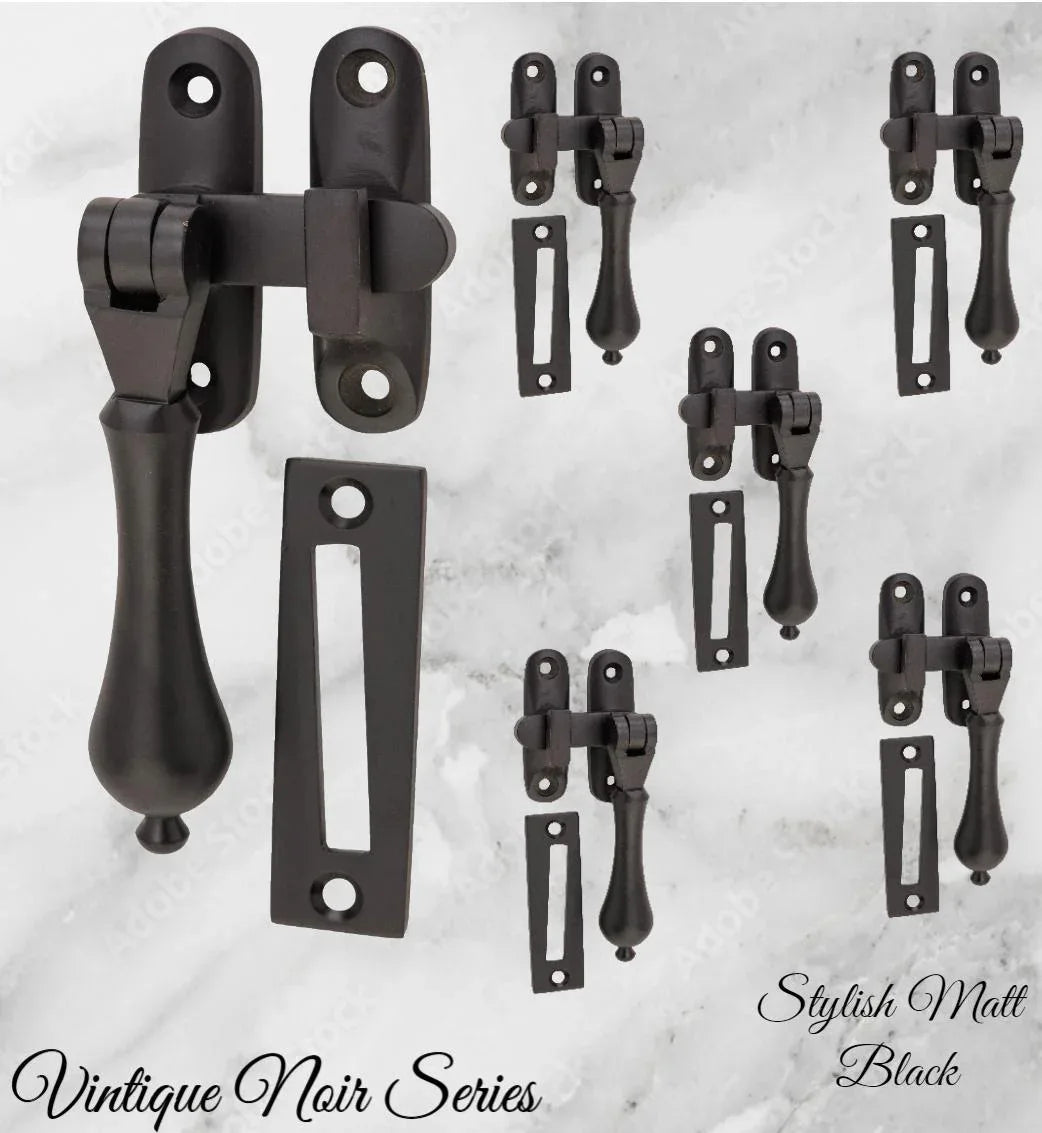 Noir series matt Black brass teardrop window fastener 50 x 95mm Long reach - Vintique Concepts
