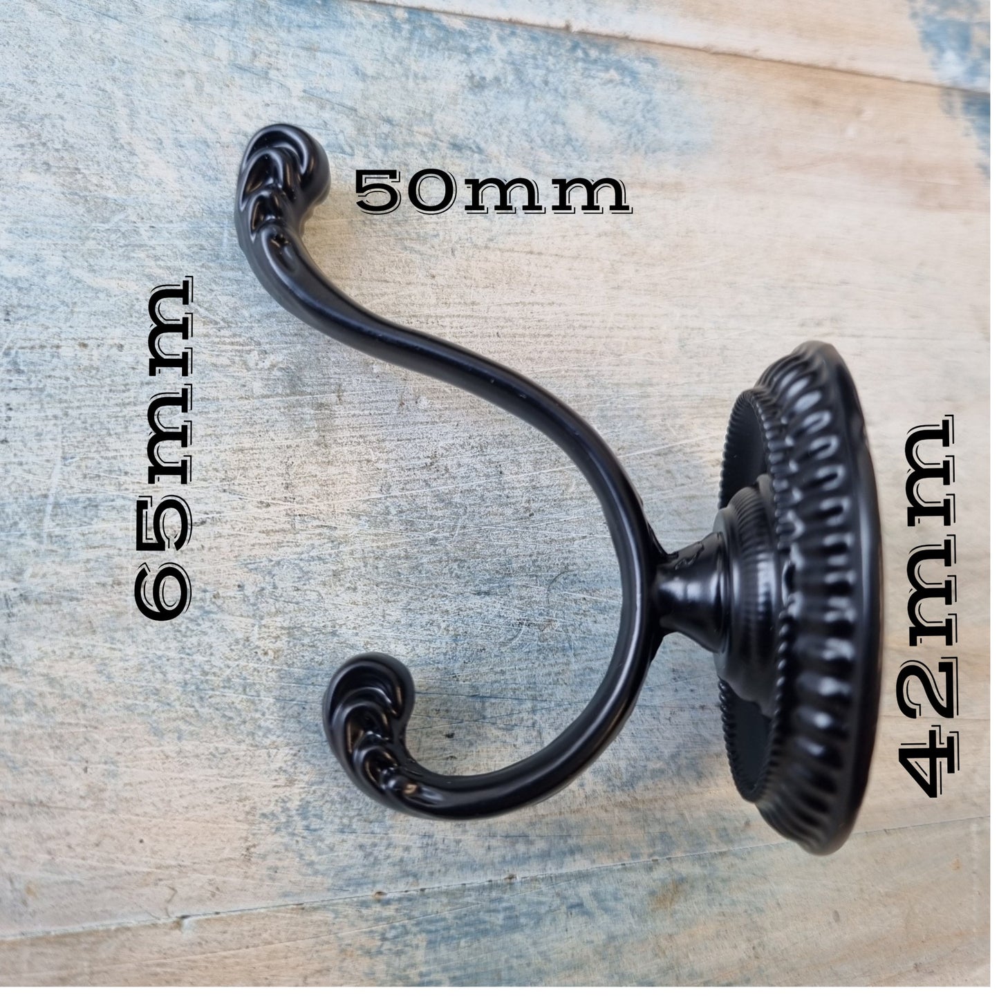 Albert's Black Ornate 2 Prong Robe Hook 65 x 50mm-Vintique Concepts