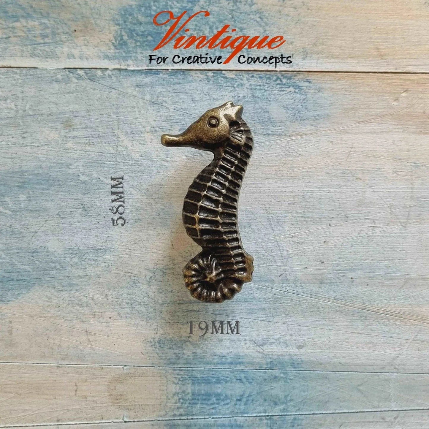 Antique Bronze Seahorse drawer or cabinet vintage knob 58mm x 28mm - Vintique Concepts
