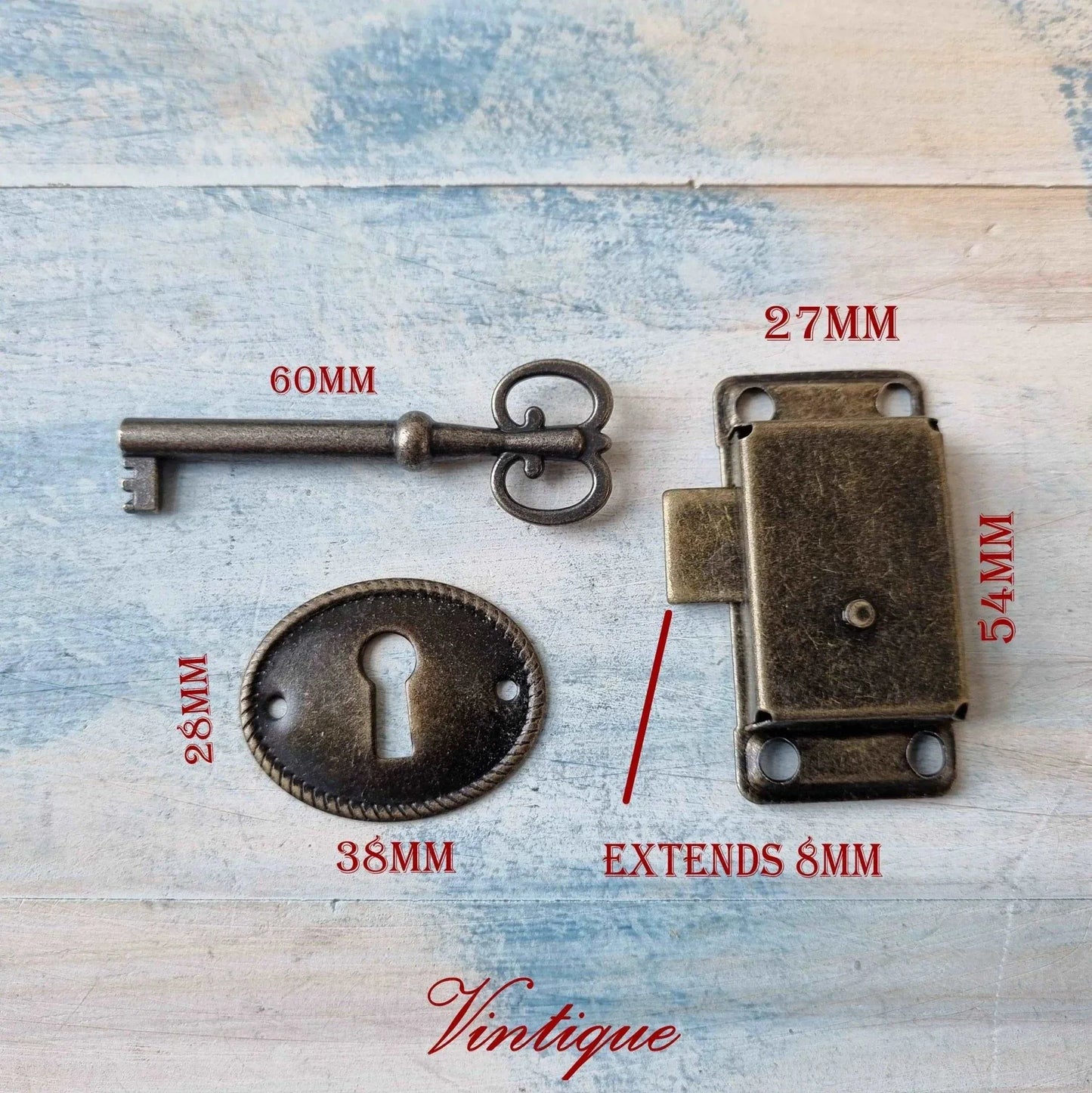 Antique look Bronze lock & latch, Key and Oval Escutcheon - Vintique Concepts