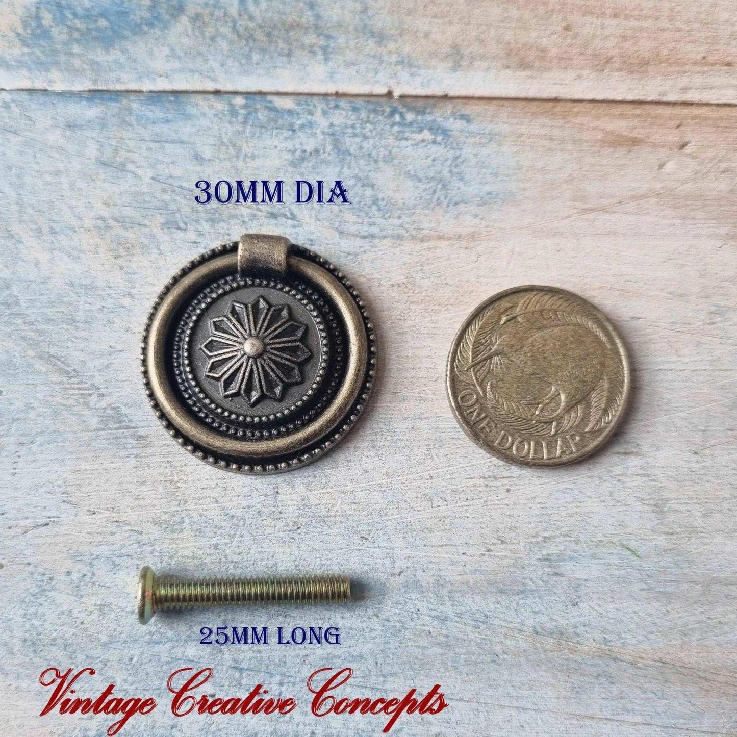 Antique Round Dresser Ring Pull Bronze 30mm dia - Vintique Concepts