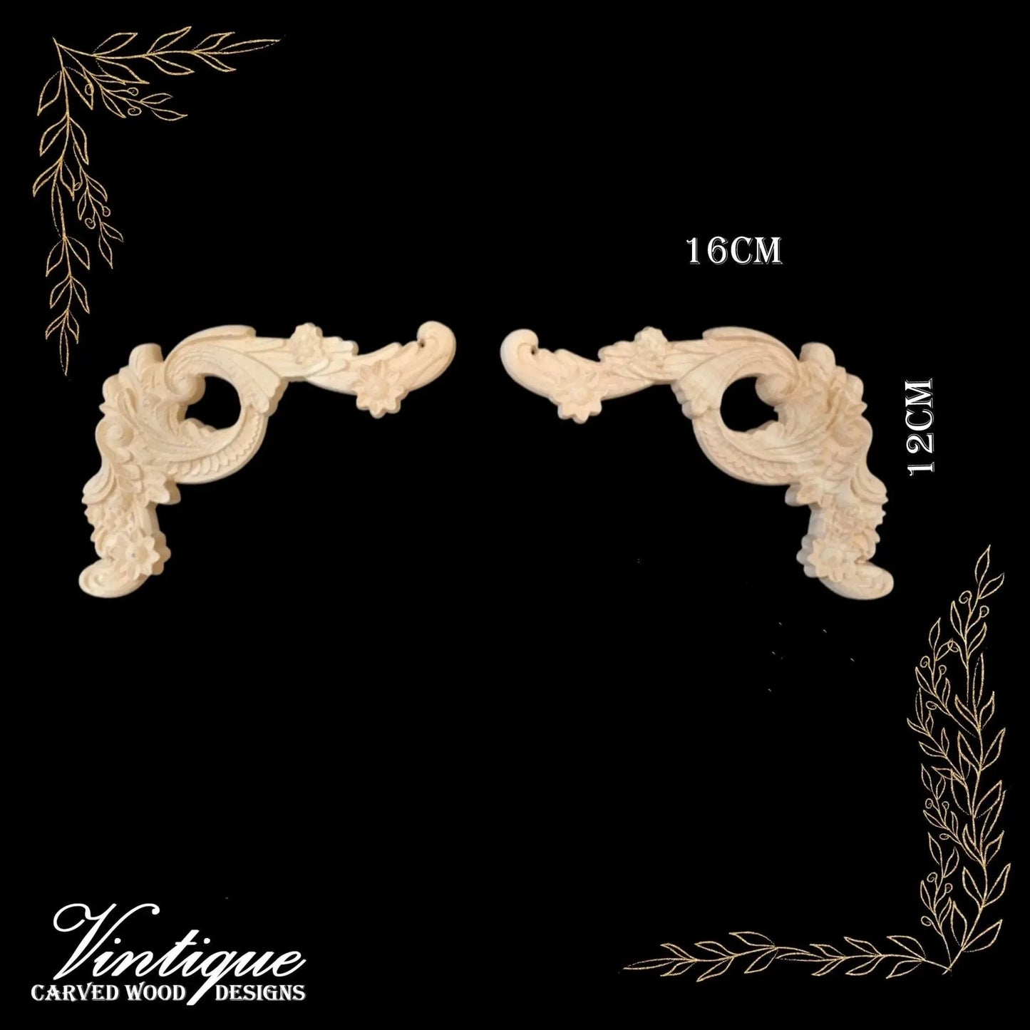 Balmoral Scrolls Wood Appliques - Carved Wood Detail, Sold in Pairs, 16cm x 12cm - Vintique Concepts