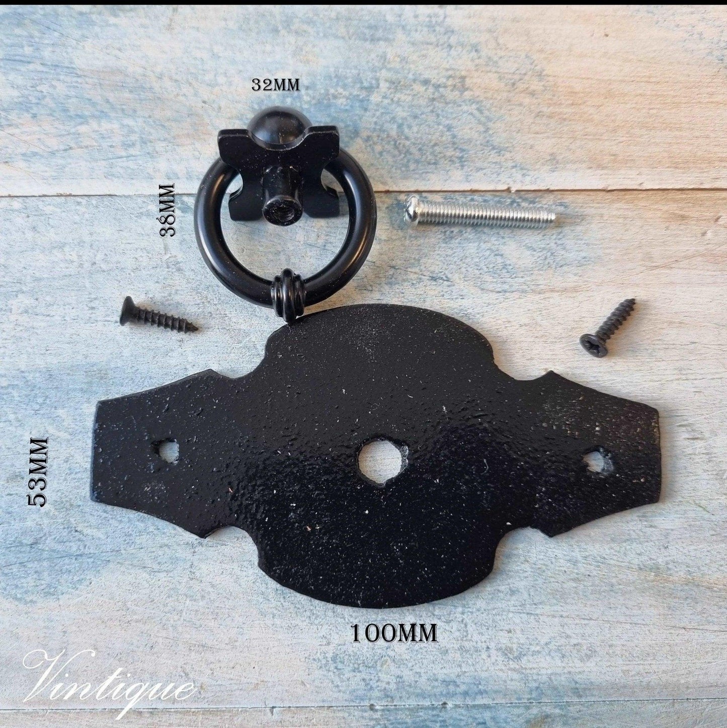 Black Barn Ring Pull with Rustic Backplate for cabinets & drawers - Vintique Concepts