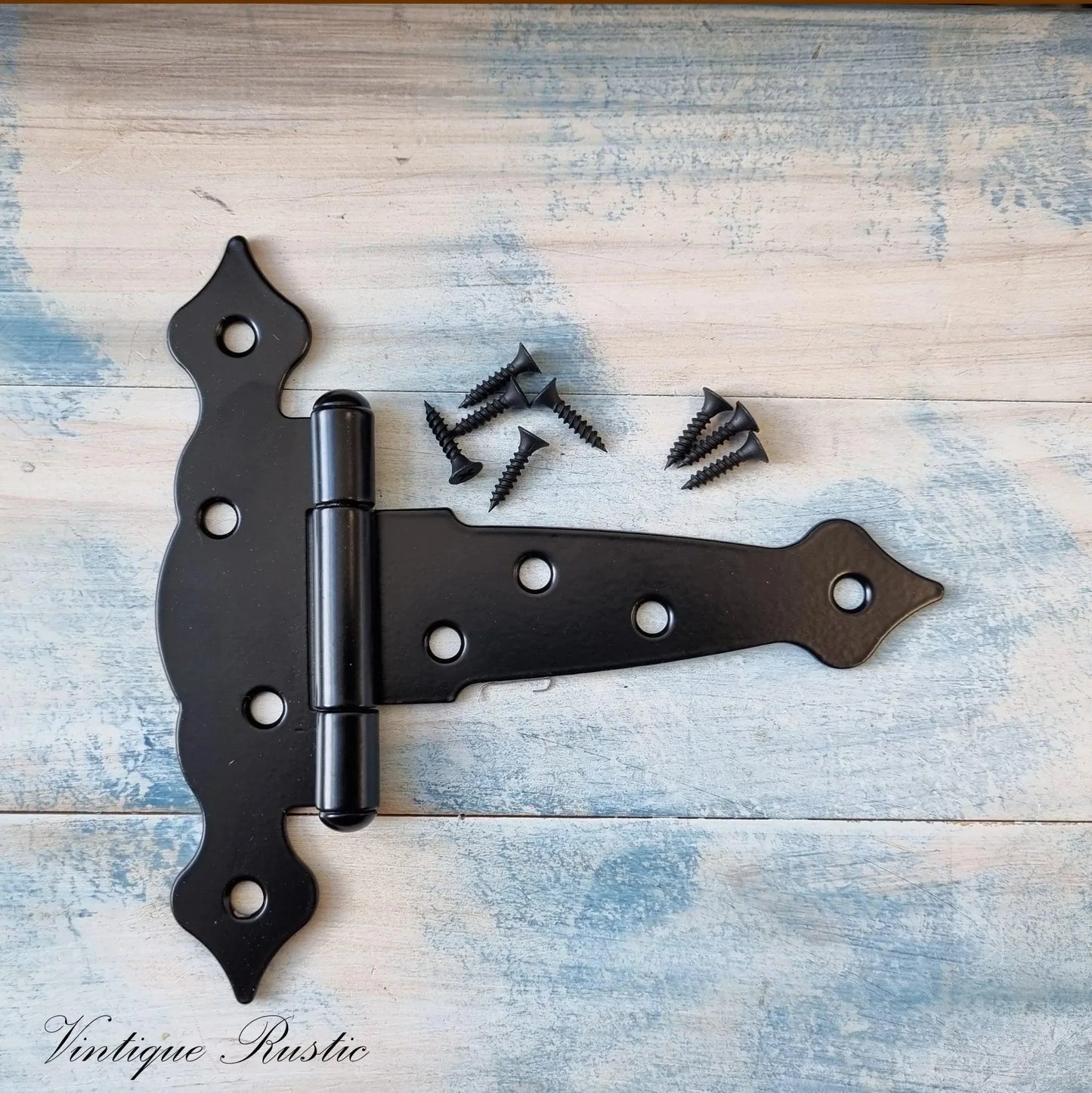 Black Ornamental Strap Hinge - Spearhead T Hinge 170mm x 160mm - Vintique Concepts