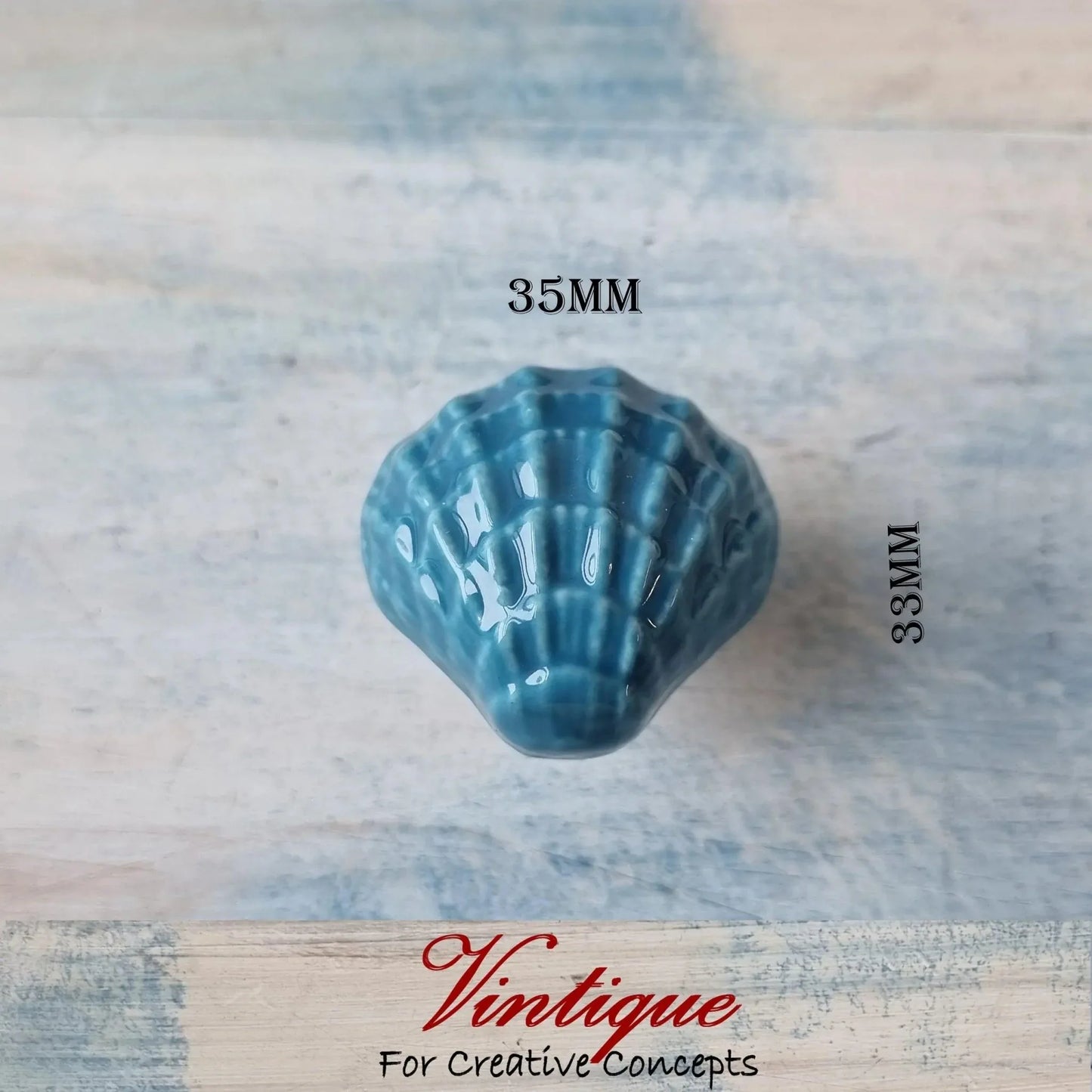 BLUE SCALLOP SHELL Ceramic Cabinet Drawer Knob 35mm x 33mm - Vintique Concepts