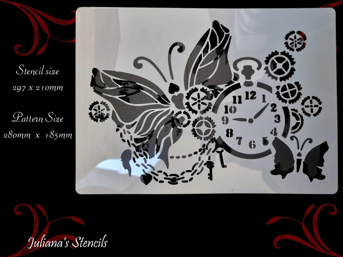 Butterflies & Clock furniture vintage painting stencil (A4 Size)-Vintique Concepts