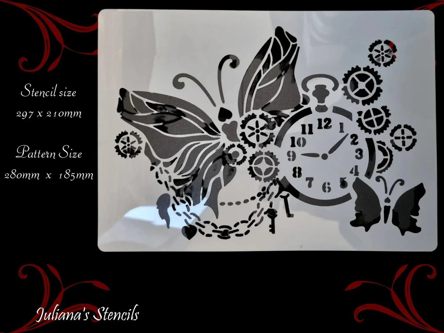Butterflies & Clock furniture vintage painting stencil (A4 Size) - Vintique Concepts