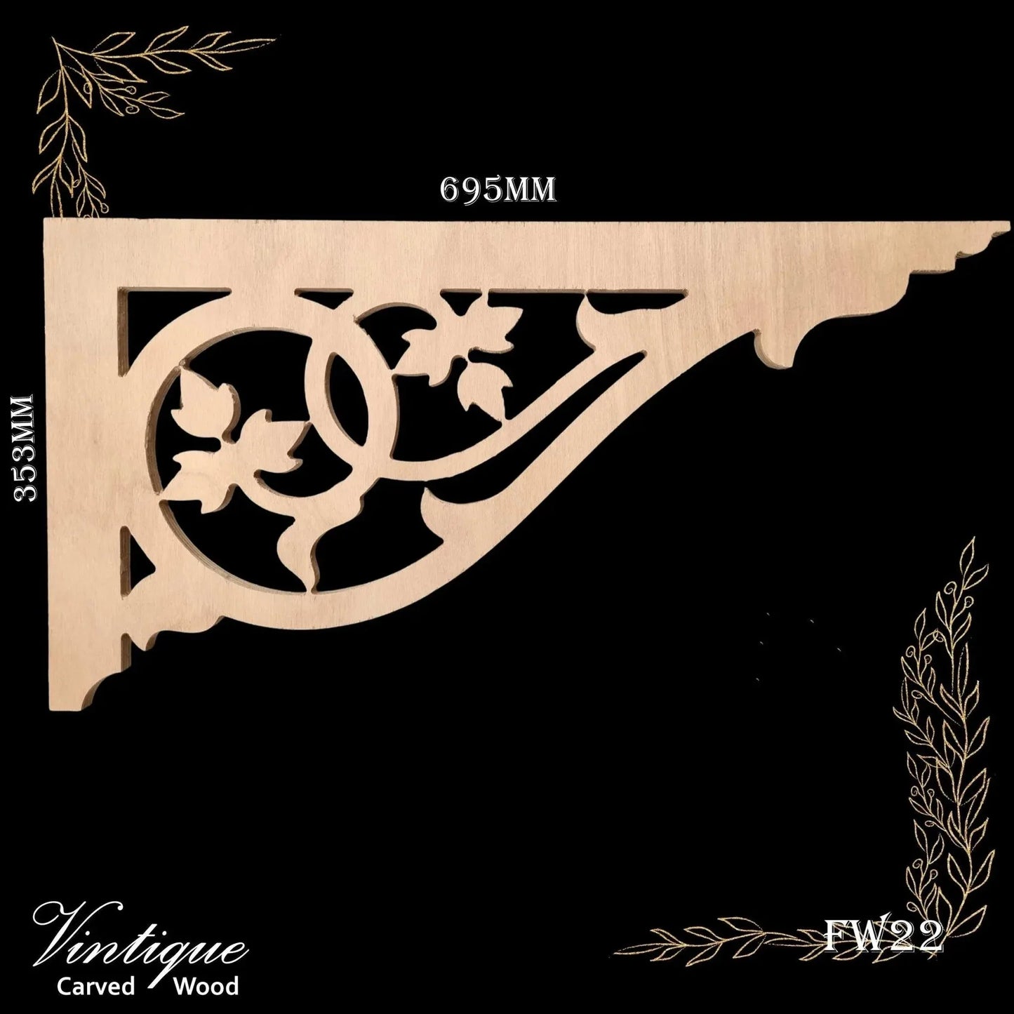 Carved wooden Lace Fretwork Corner -Irishtown (FW22) 695mm x 353mm - Vintique Concepts
