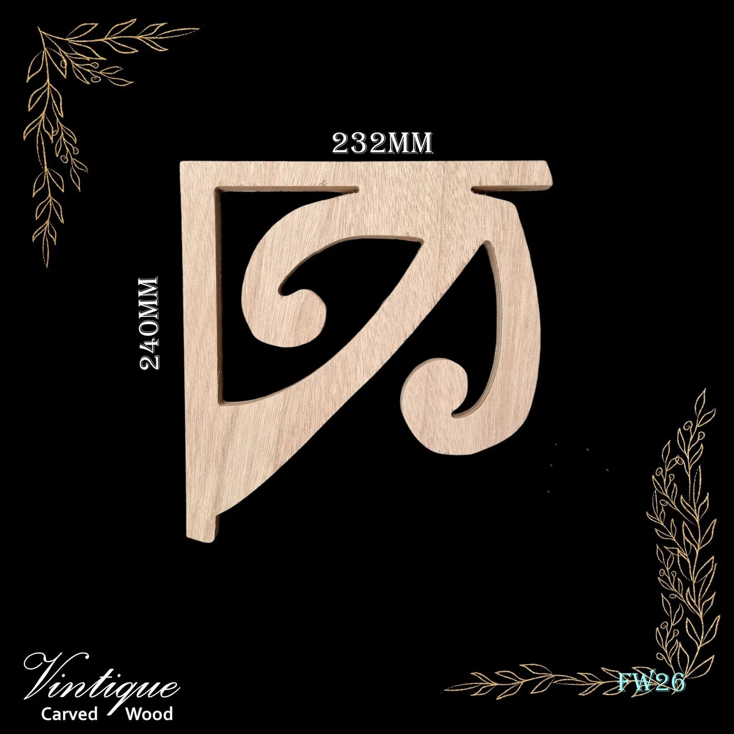 Carved wooden Lace Fretwork Corner -KORU (FW26) 240mm x 232mm - Vintique Concepts