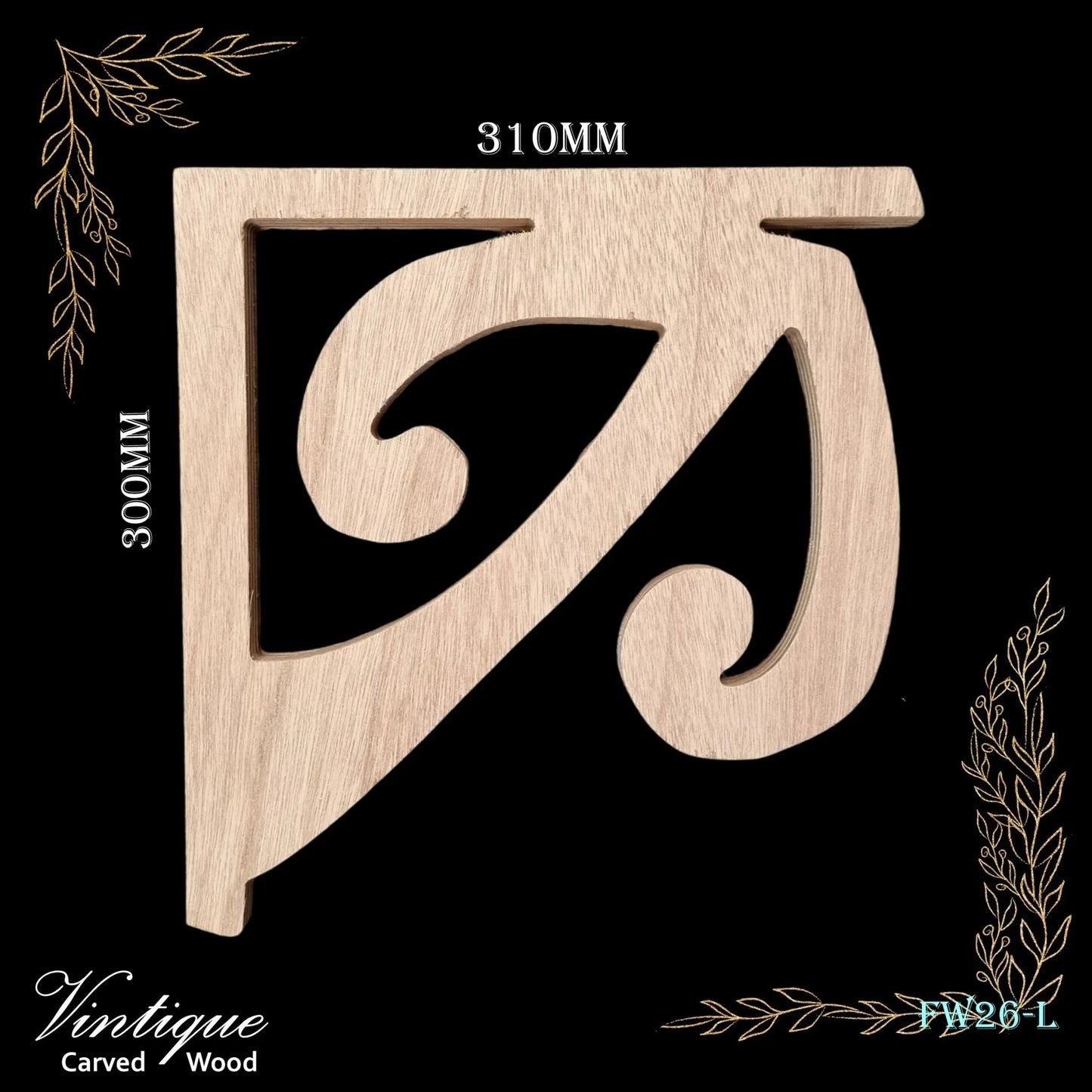 Carved wooden Lace Fretwork Corner -KORU Large (FW26-L) 310 x 300mm - Vintique Concepts