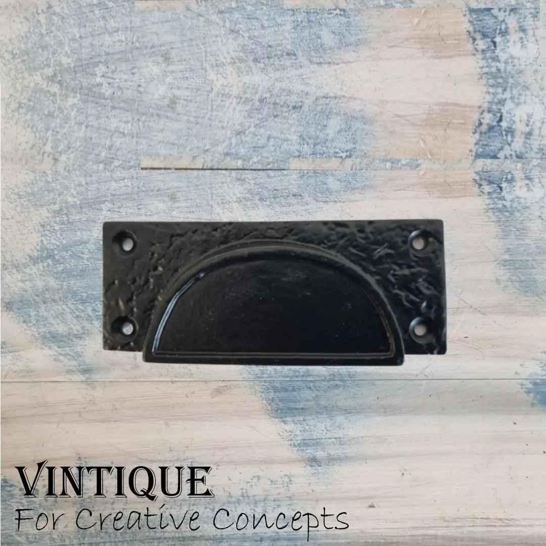 Cast Iron Drawer Handle - Dimpled Rectangle Half Moon Cup 105mm Long - Vintique Concepts