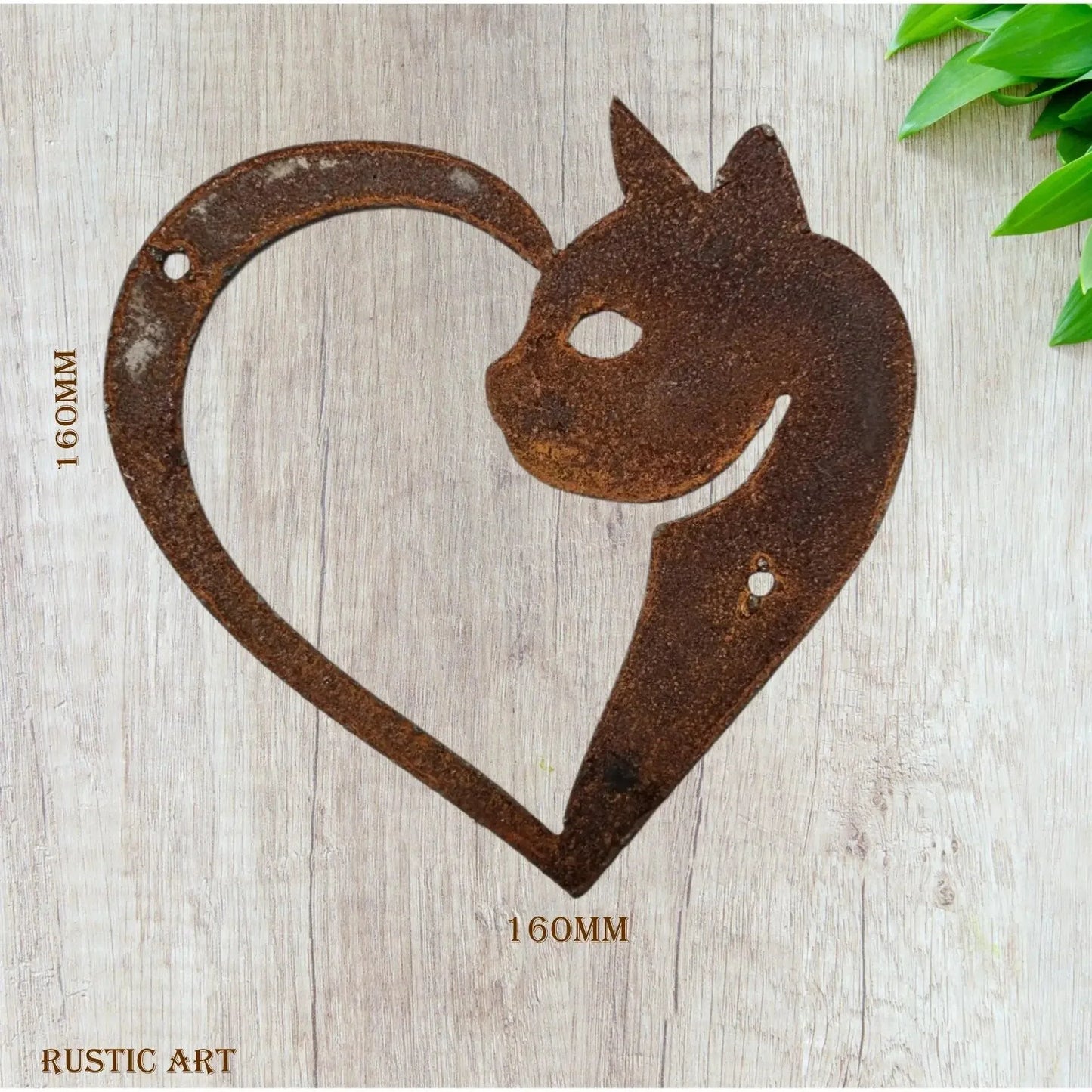 Cat in Love Heart Rusty Metal 160mm x 160mm - Rusty Metal Cat Heart - Vintique Concepts