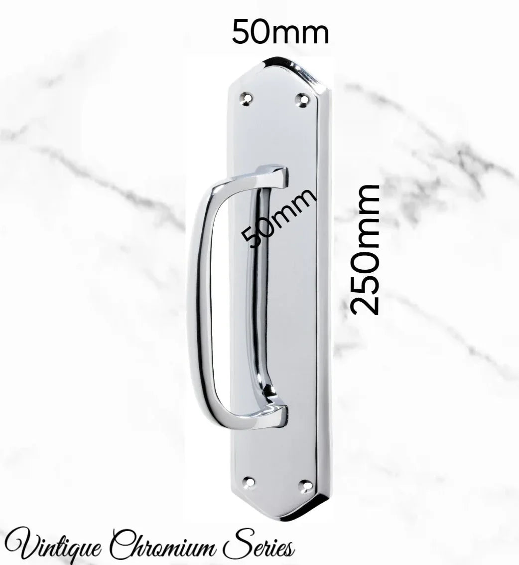 Chrome Retro Offset Pull handle w/backplate 250 x 50mm - Vintique Concepts