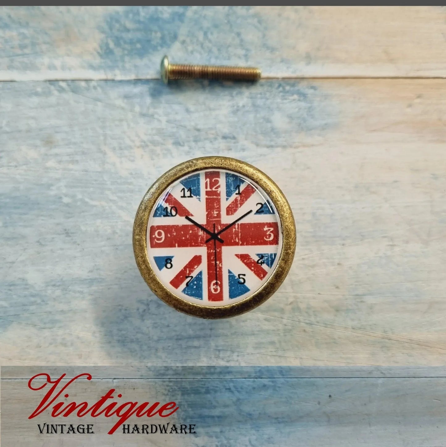 CLEARENCE PRICE-Vintage Union Jack Clock Furniture Glass/Alloy Knob 35mm - Vintique Concepts