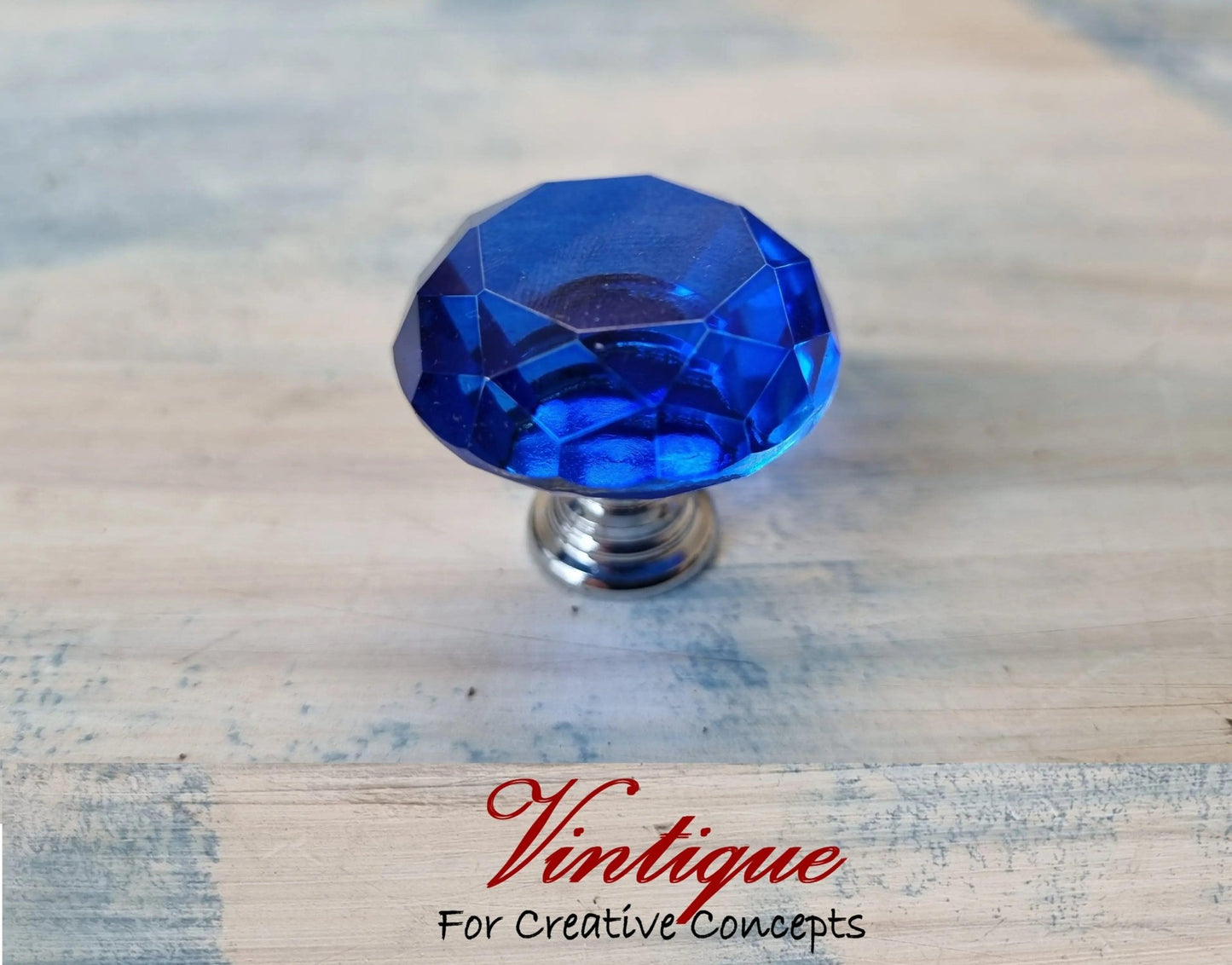 Crystal Glass Cabinet Drawer Knob Sapphire Blue with Chrome Base 30mm Dia-Vintique Concepts