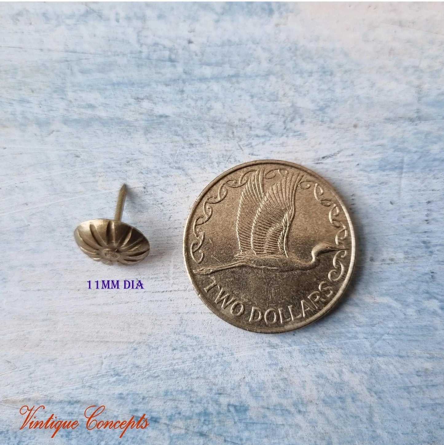Daisy Push Pins Atq Gold or Upholstery Pins (11mm dia) Pkt of 10 - Vintique Concepts