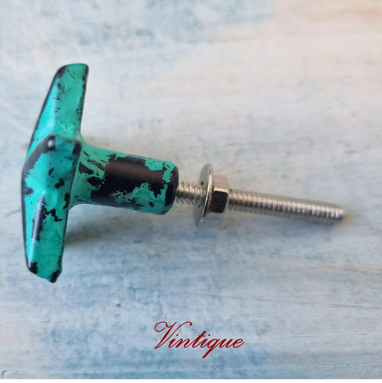 Distressed Aqua Green Star Cast Iron cupboard Knob 39mm x 39mm - Vintique Concepts