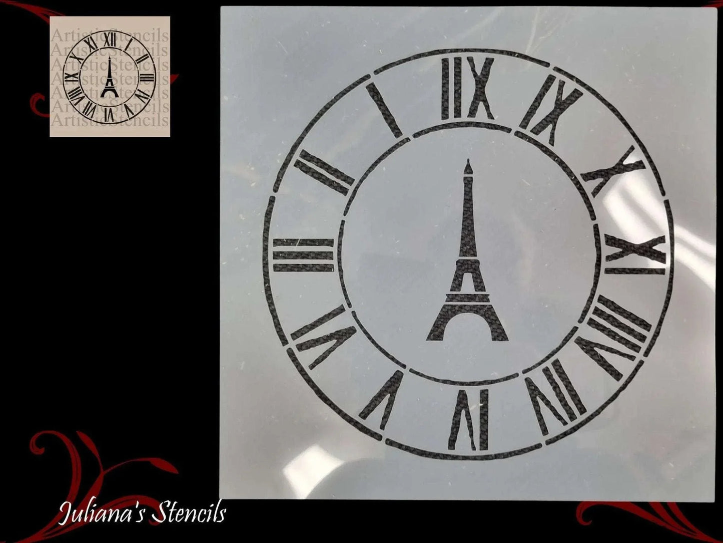 Eifle Tower Vintage Clock face roman numerals furniture premium paint stencil 260mm diameter - Vintique Concepts