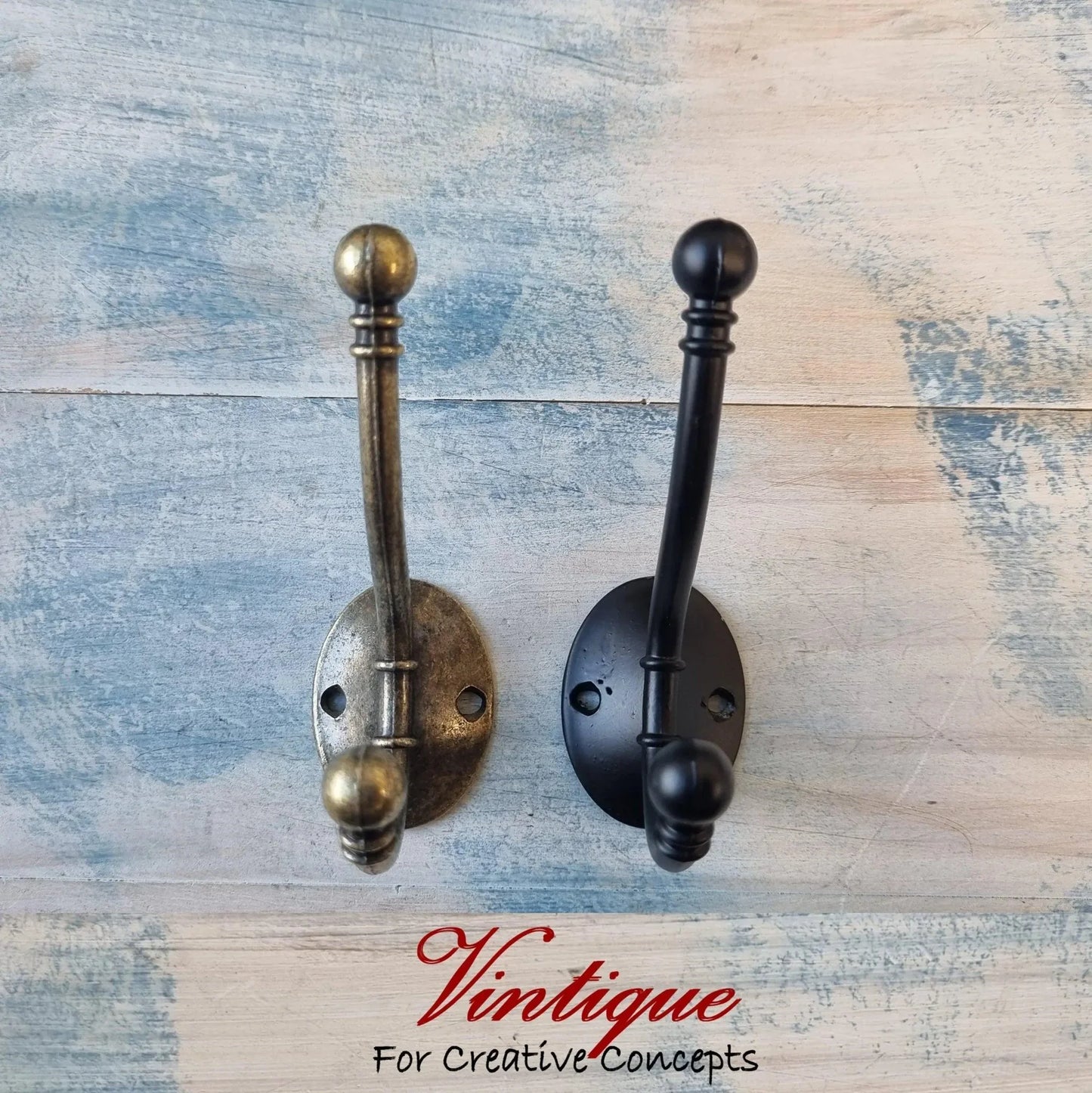 Elegant 2 Ball Double Prong Black Coat Hook 95mm Long - Vintique Concepts