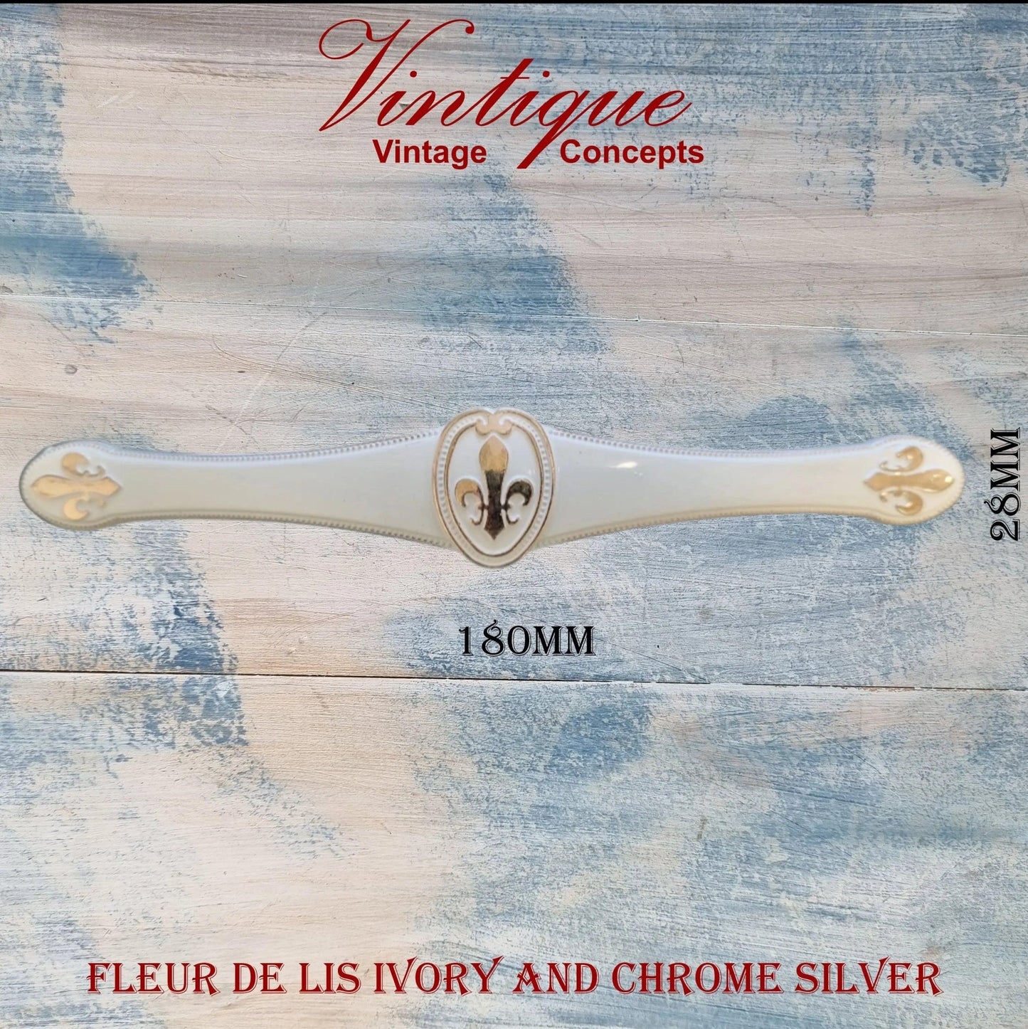 Fleur de Lis Ivory with Chrome silver Drawer handle 180mm long-Vintique Concepts