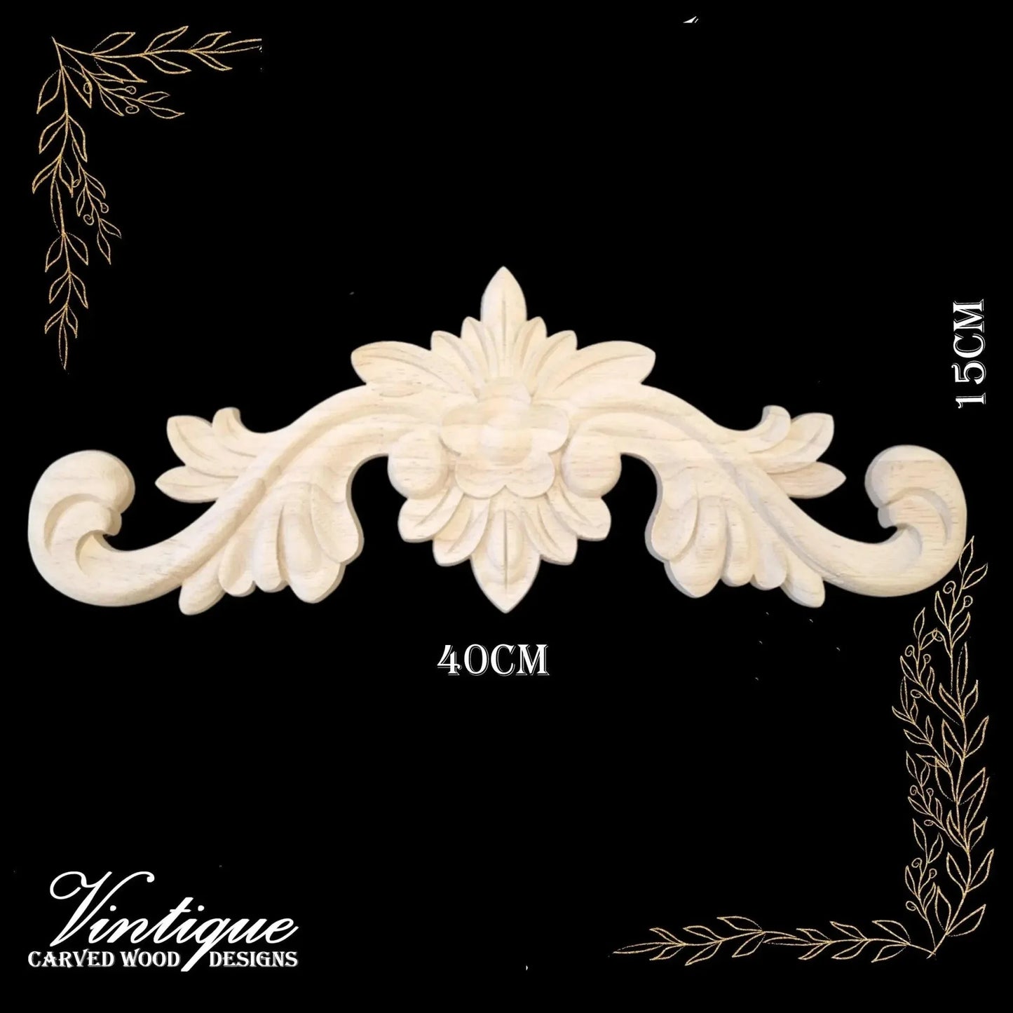 Floral Crown Centrepiece carved wood applique 40cm x 15cm - Vintique Concepts