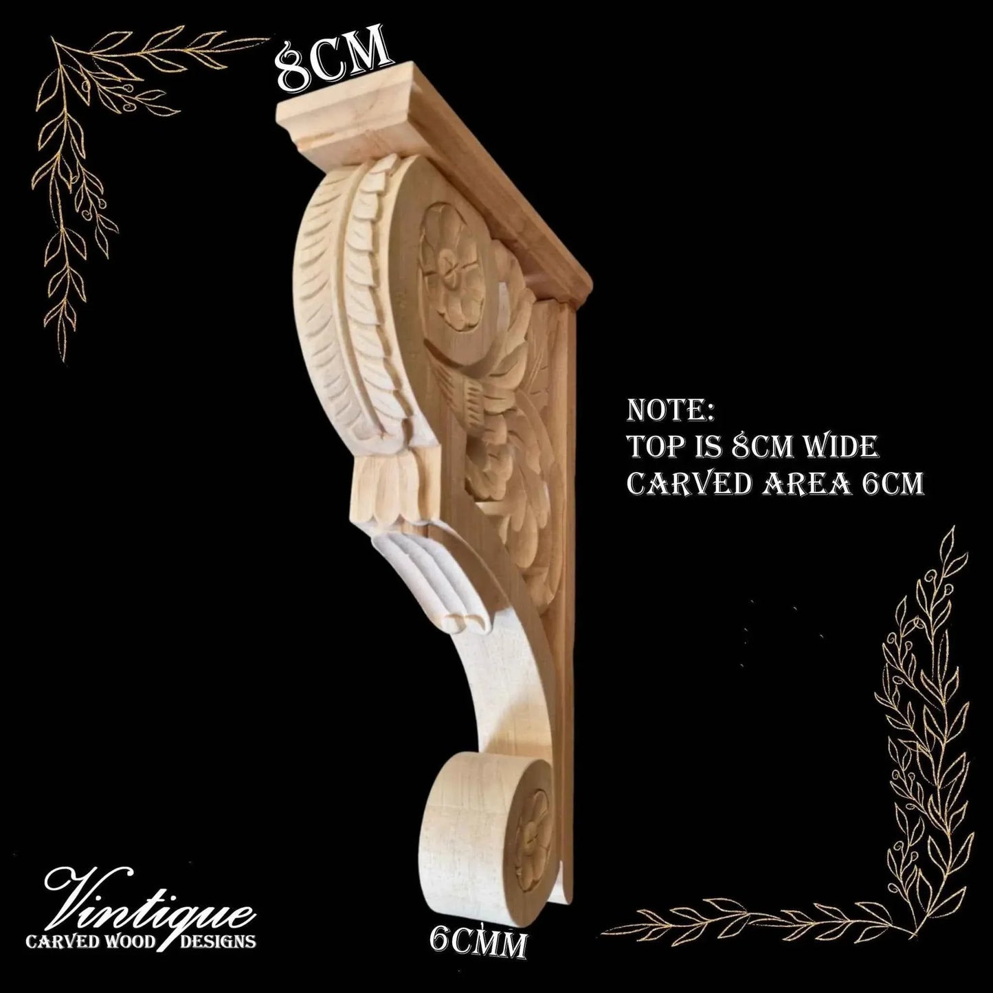 FlORAL & FAUNA Large wood shelf bracket 25cm x 45cm x 8cm (6cm carved width) - Vintique Concepts