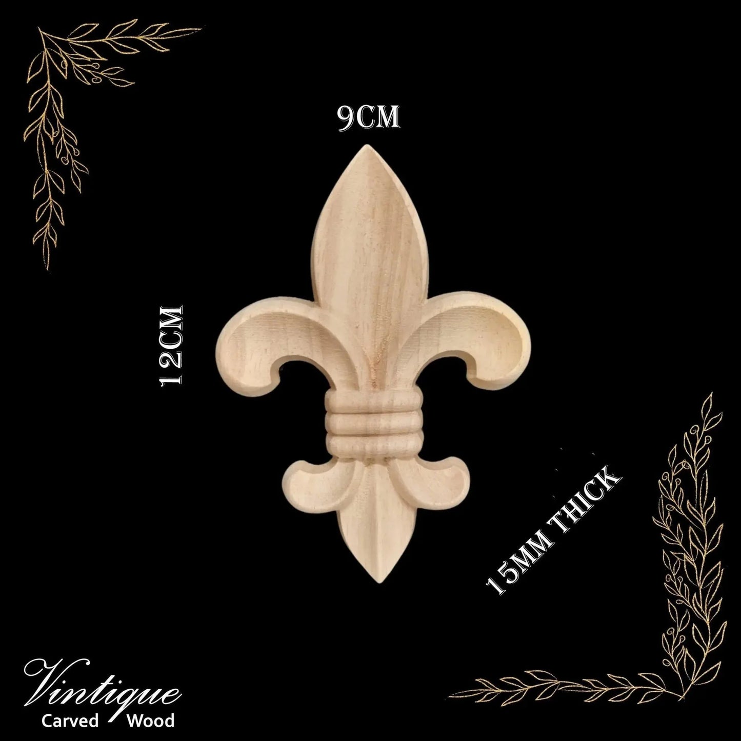 French Dauphin Fleur De Lis centre carved wood applique 12cm x 9cm - Vintique Concepts