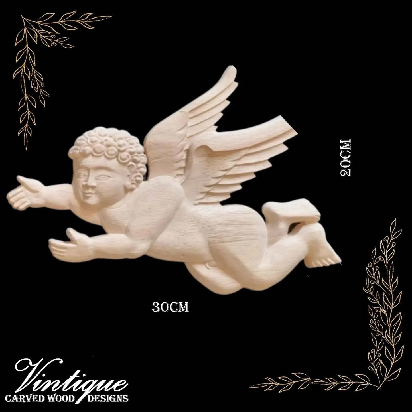 Guardian Angels Carved Wooden Applique Pair - Left & Right (30cm x 20cm Each) - Vintique Concepts