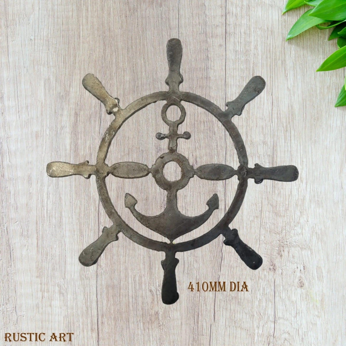 Jumbo Anchor & Ships wheel -Corten Rusty large hanging metal art 410mm dia-Vintique Concepts