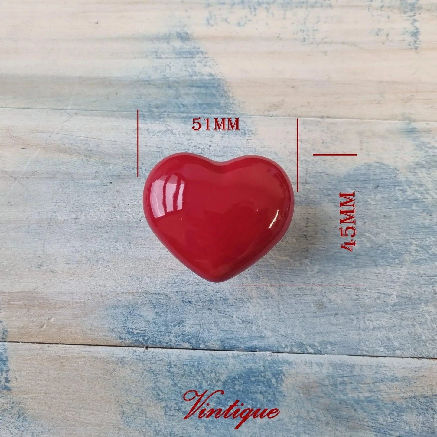 LARGE RED HEART Ceramic Cabinet Drawer Knob 51mm x 45mm - Vintique Concepts